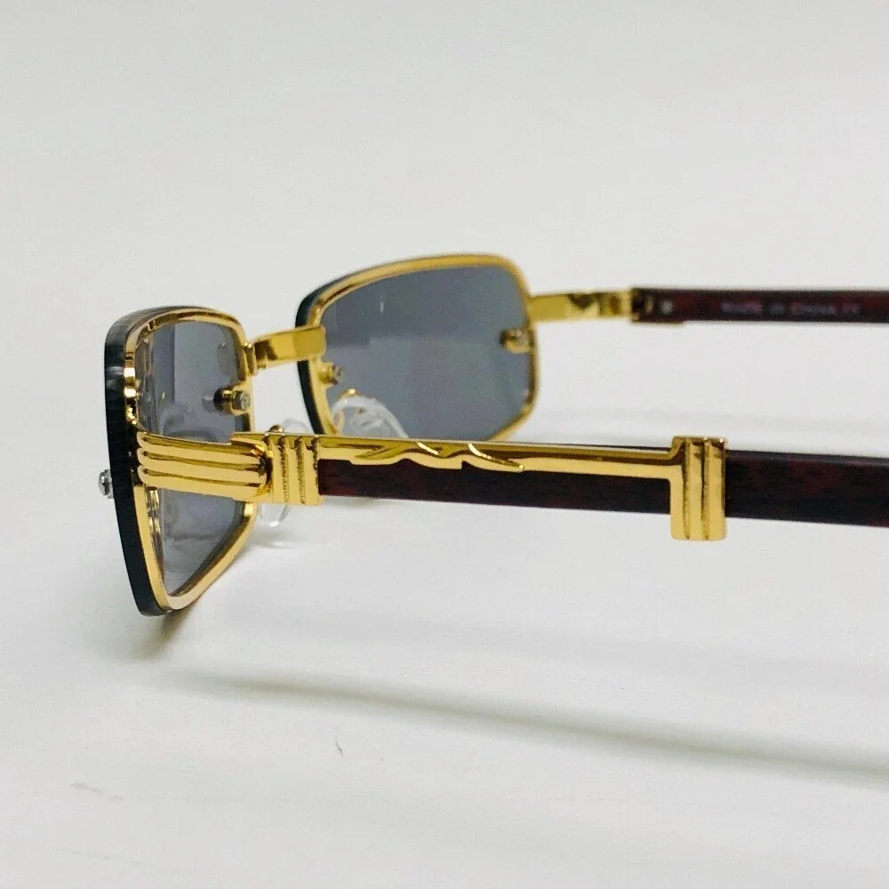 Rimless Sunglasses Rectangle Gold Accents Wood Arms Mens Fashion Dark Black Lens